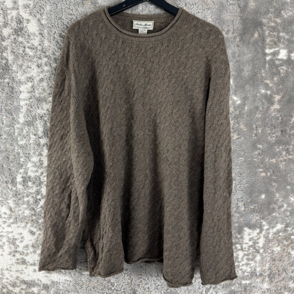 Poeta Moda Sz L 100% Cashmere Cable Knit Pullover Sweater Brown Long Sleeve Mens